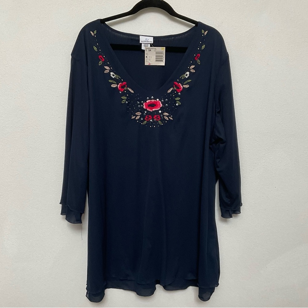 NWT Jaclyn Smith Navy Tunic With Pink, Red, Green Floral Embroidery Size 3X